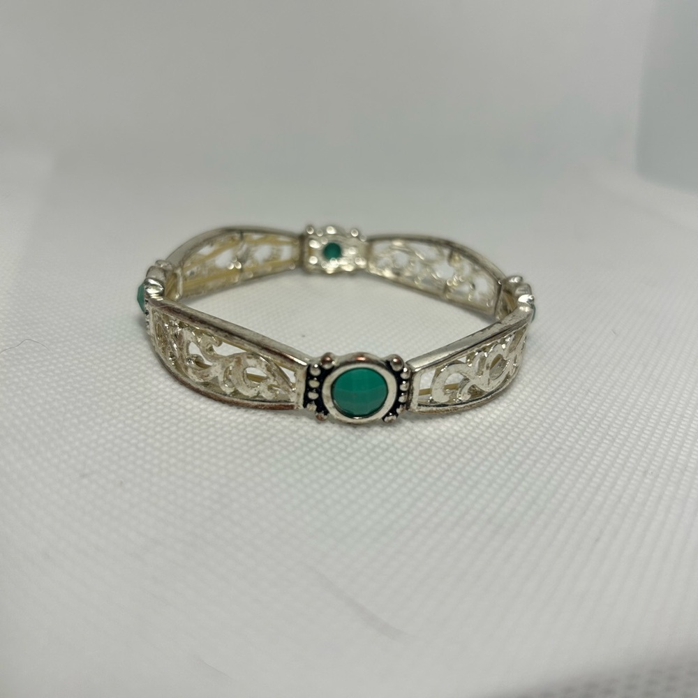 Silver Filigree Bracelet with‎ Green Gem Accents